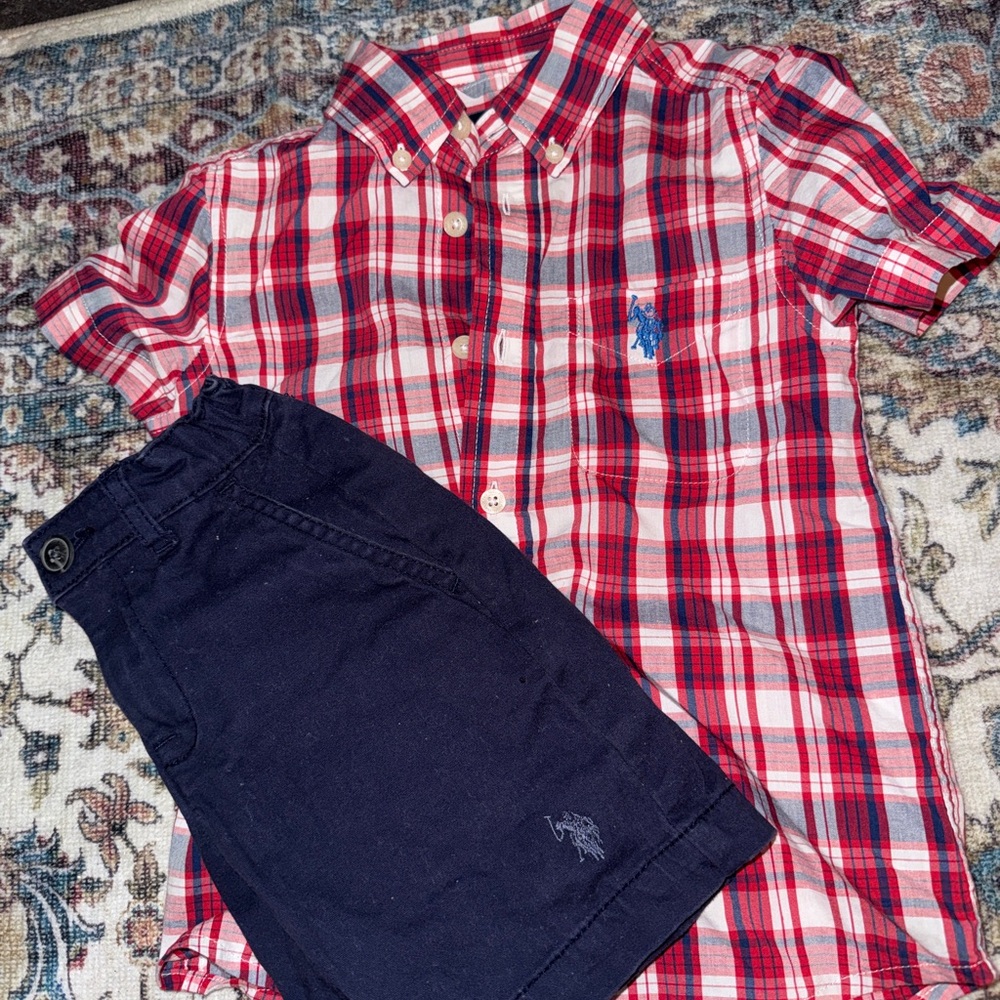 U.S. Polo Assn. Red, White & Navy Plaid Button-Down Shirt with Navy Shorts